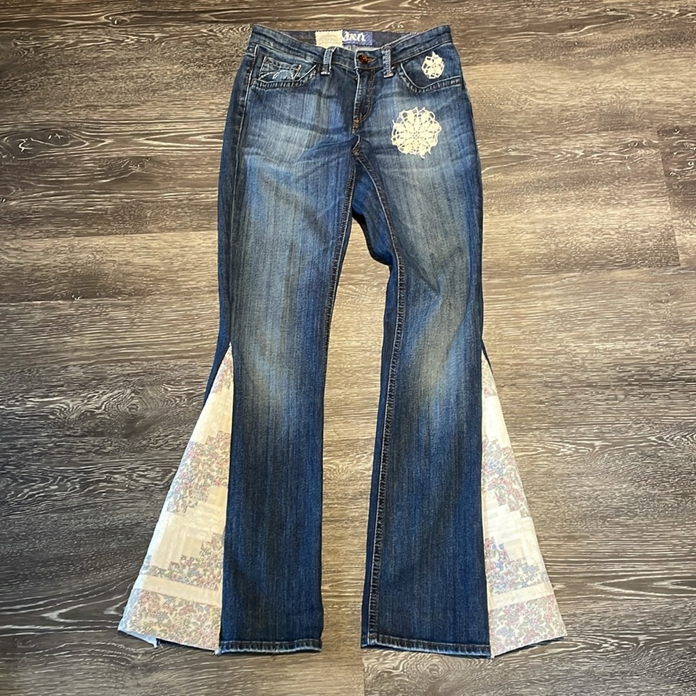 Upcycled Blue Flare Wide Leg Jeans with vintage quilting